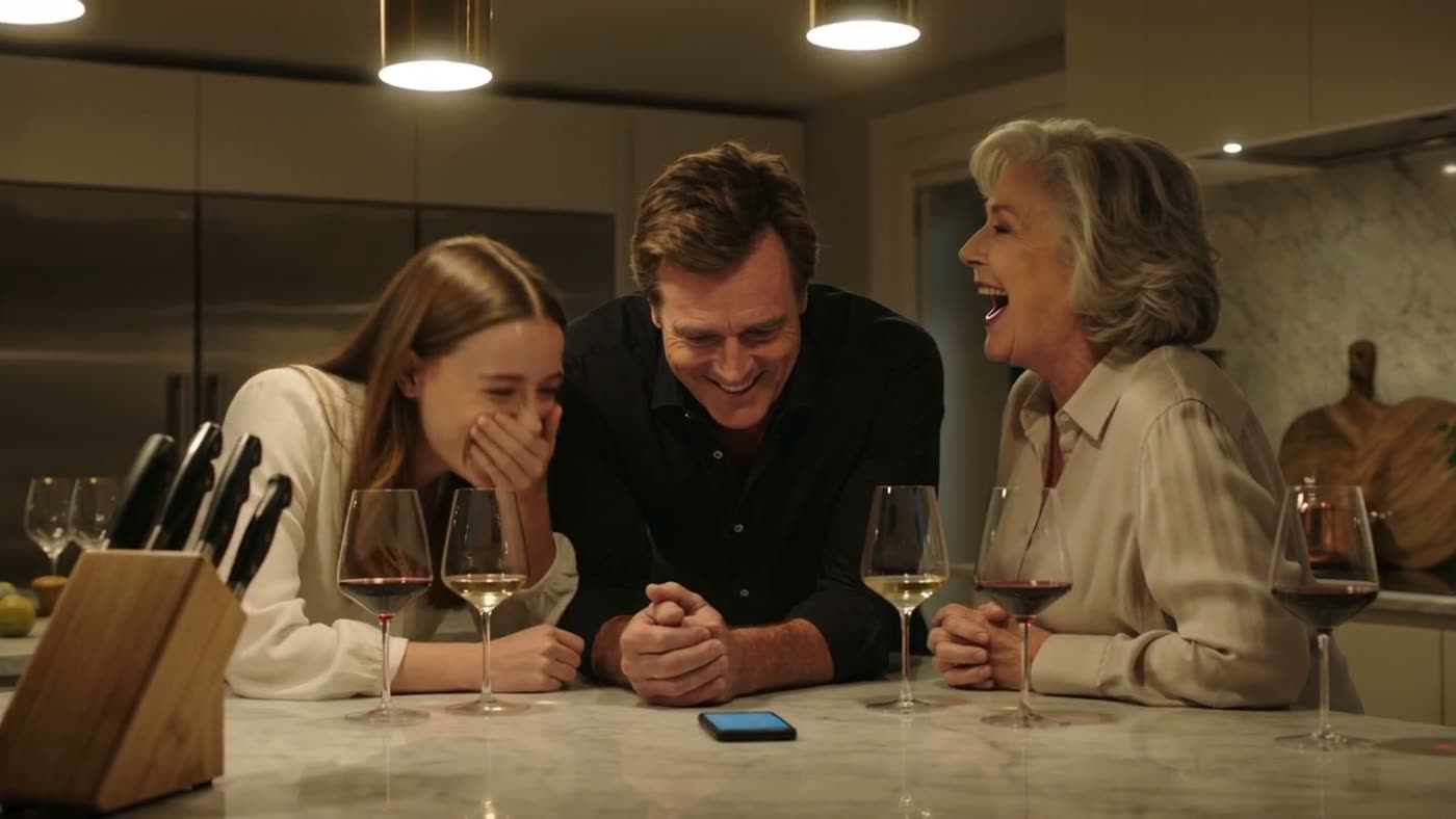 A family gathered around a phone, listening to a familiar voice